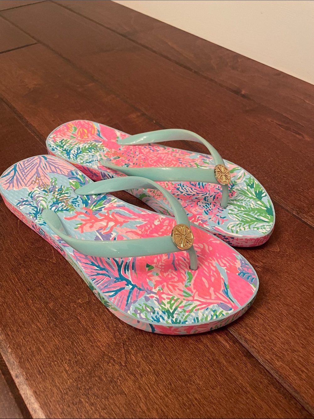 Lilly Pulitzer Pink & Aqua Tropical Print Flip Flops